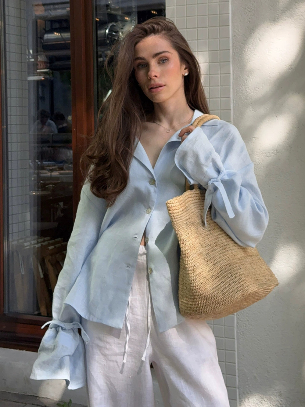 ZARA Pure Cotton Tie Front Bell Sleeve Blouse Loose Spring Casual Work Shirt